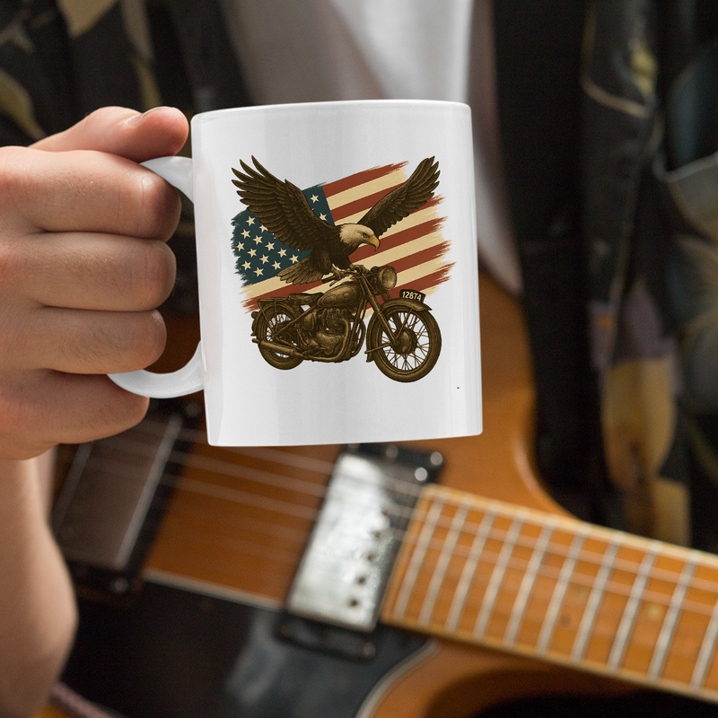 American Flag Eagle Motorcycle Gift Ceramic Mug 11 oz White