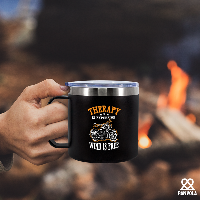 Panvola Therapy Is Expensive Wind Is Free Motorcycle Mug 14oz Black