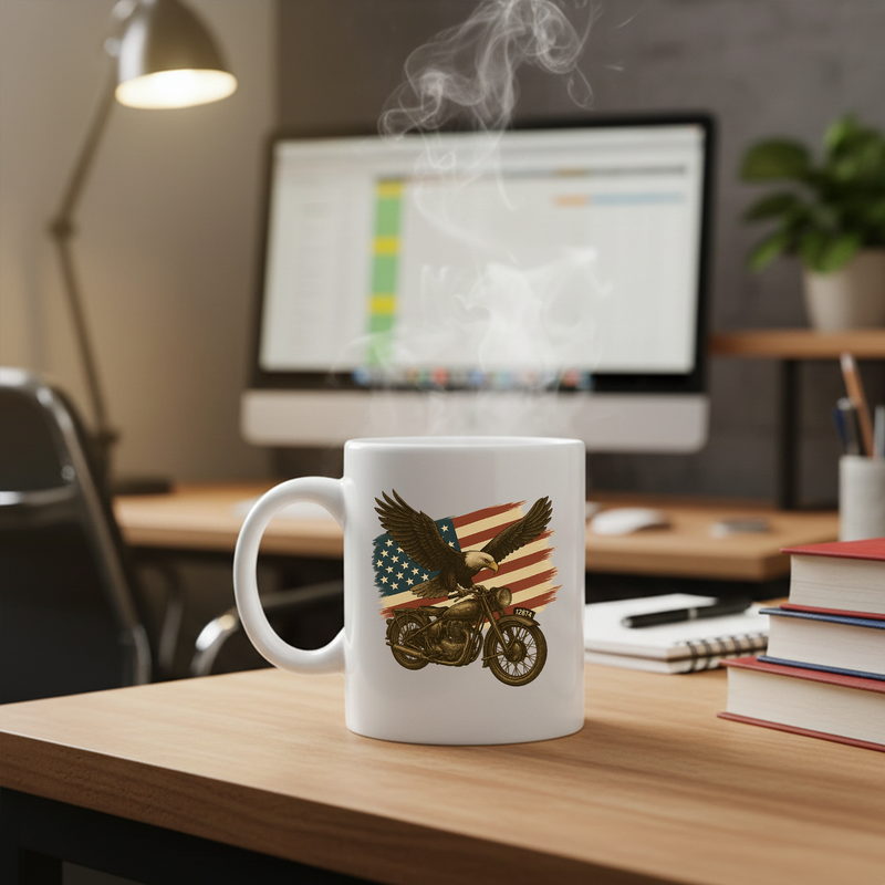 American Flag Eagle Motorcycle Gift Ceramic Mug 11 oz White