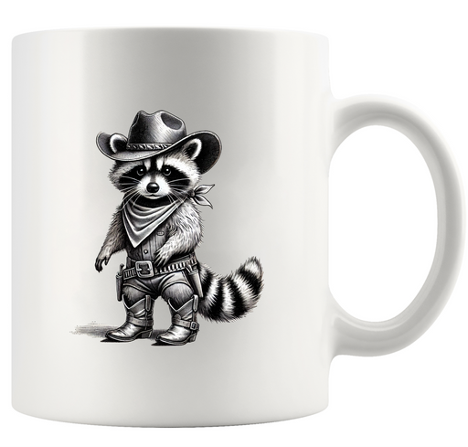 Racoon Cowboy Ceramic Mug 11 oz White.