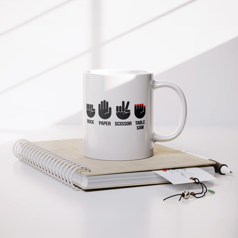 Rock, Paper, Scissor, Table Saw Ceramic Mug 11 oz White
