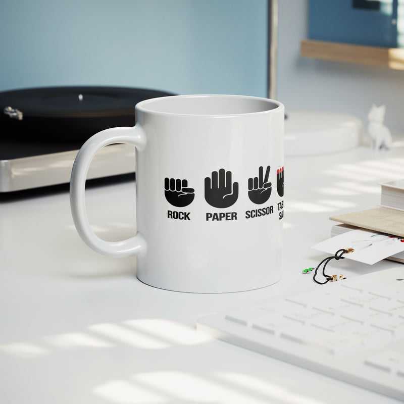 Rock, Paper, Scissor, Table Saw Ceramic Mug 11 oz White