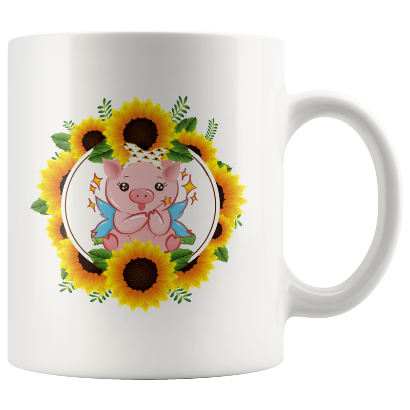 Sunflower Gift Cute Tiny Piggy With Sunflower Bandana Animal White Coffee Mug 11 oz