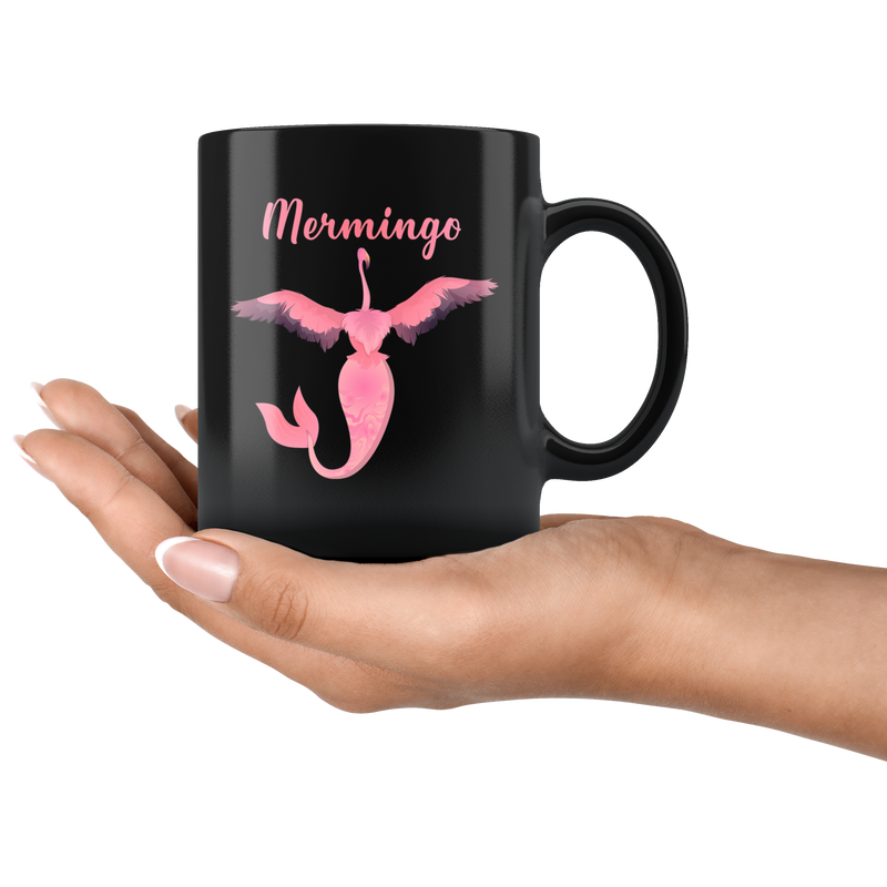 Mermingo Mythical Mermaid Flamingo Black Coffee Mug.
