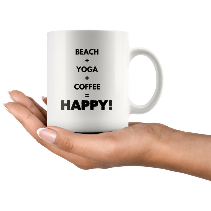 Yoga Mug - Beach Plus Yoga Plus Coffee Equals Happy Namaste Coffee Mug 11 oz