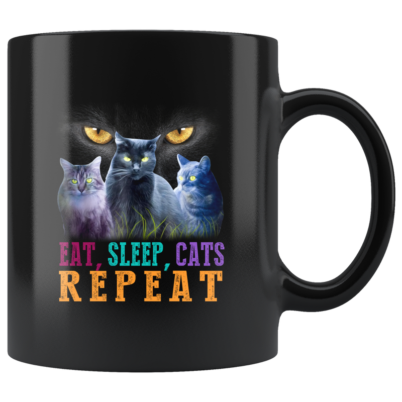 Eat Sleep Cats Repeat Paw Owner Gift Ceramic Coffee Black Mug 11 oz