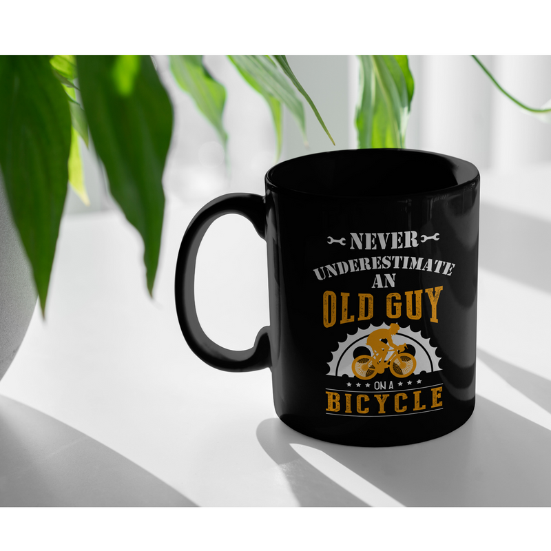 Never Underestimate An Old Guy On A Bicycle Ceramic Black Mug 11 oz