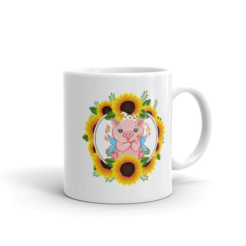 Sunflower Gift Cute Tiny Piggy With Sunflower Bandana Animal White Coffee Mug 11 oz - Panvola