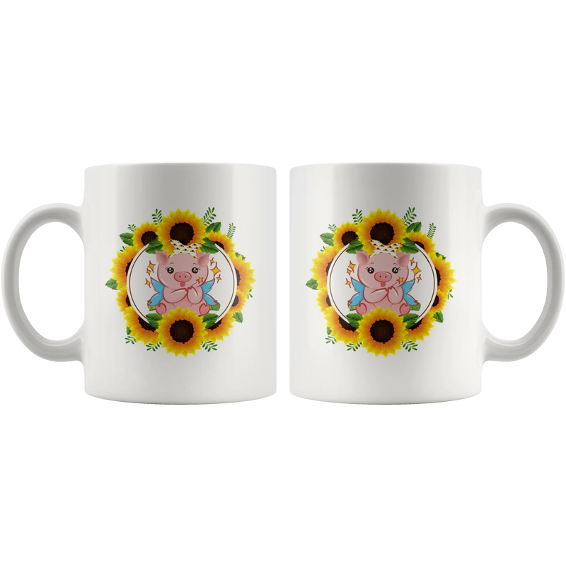 Sunflower Gift Cute Tiny Piggy With Sunflower Bandana Animal White Coffee Mug 11 oz - Panvola