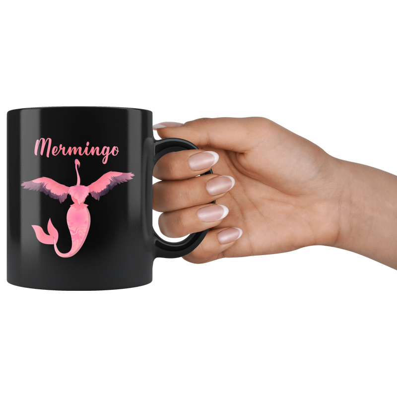 Mermingo Mythical Mermaid Flamingo Black Coffee Mug.