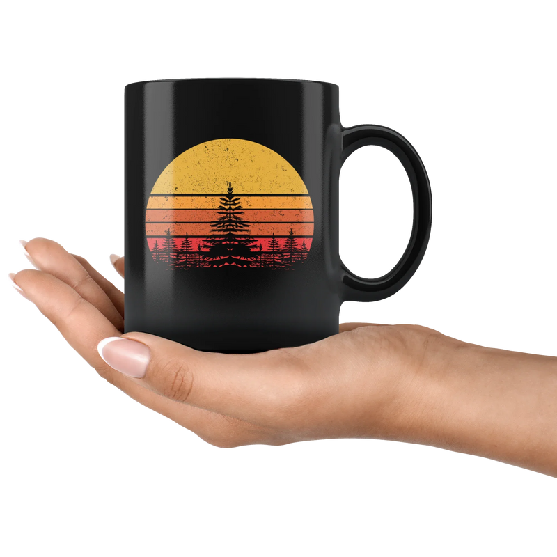 Nature Lover Gifts - Retro Sun Pine Tree Ceramic Black Coffee Mug 11oz - Panvola