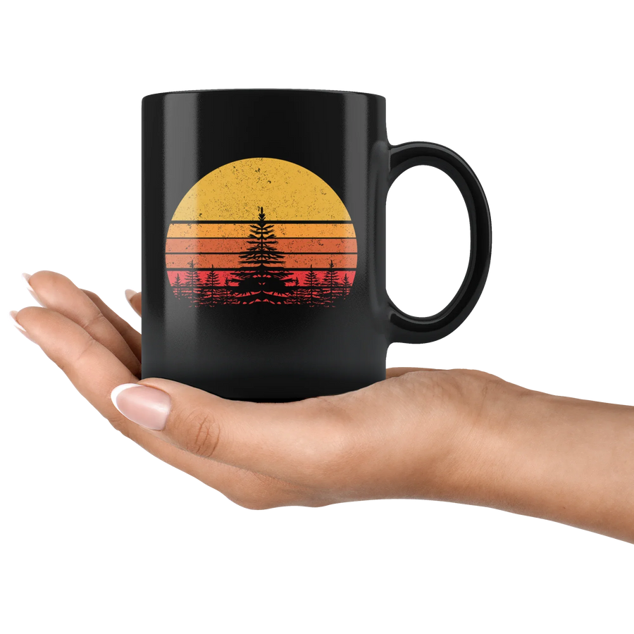 Nature Lover Gifts - Retro Sun Pine Tree Ceramic Black Coffee Mug 11oz, image 4 of 4