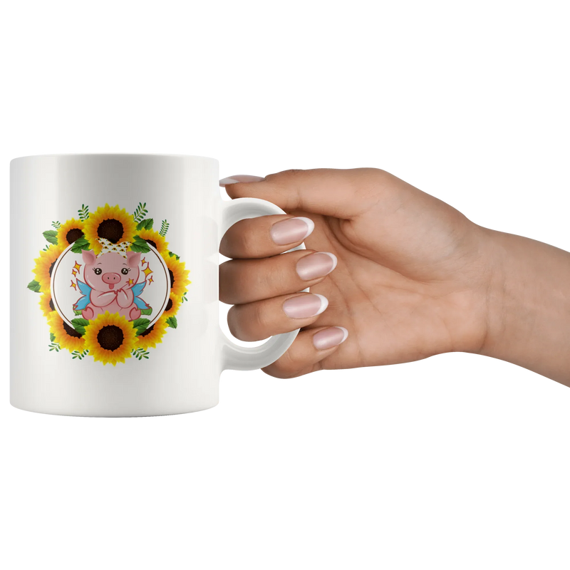 Sunflower Gift Cute Tiny Piggy With Sunflower Bandana Animal White Coffee Mug 11 oz - Panvola