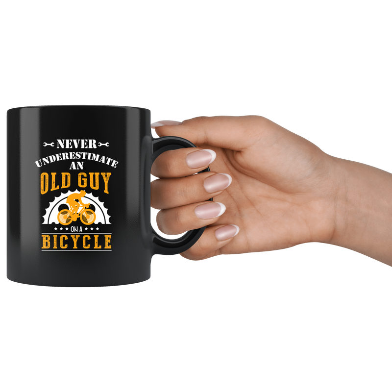 Never Underestimate An Old Guy On A Bicycle Ceramic Black Mug 11 oz