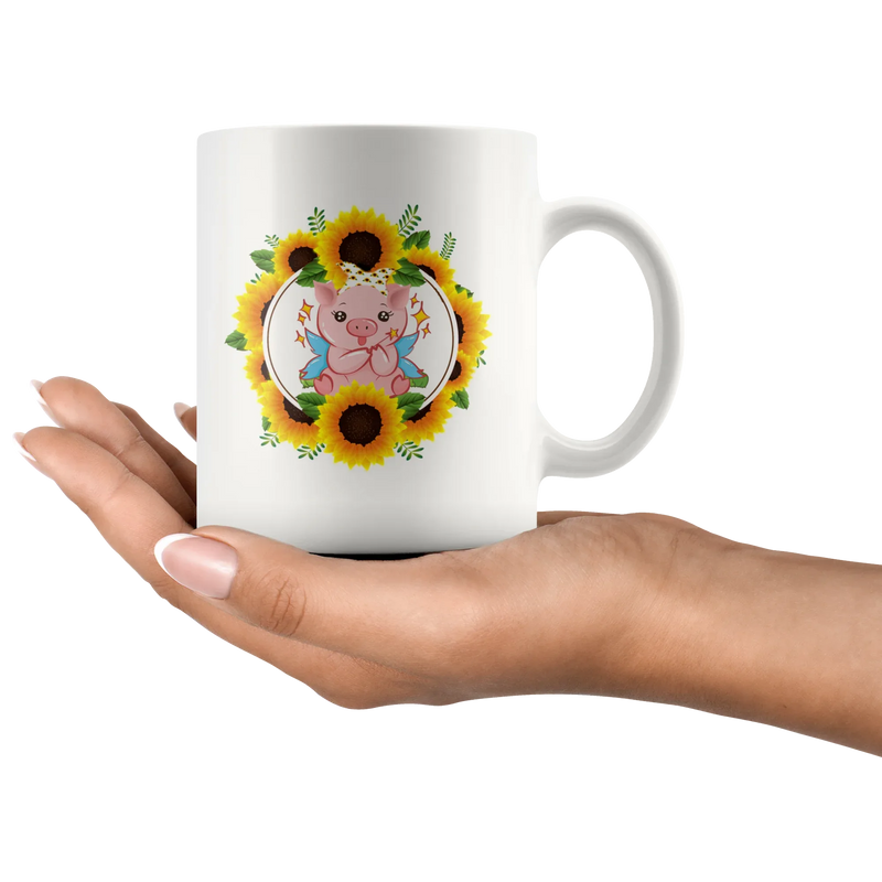 Sunflower Gift Cute Tiny Piggy With Sunflower Bandana Animal White Coffee Mug 11 oz - Panvola