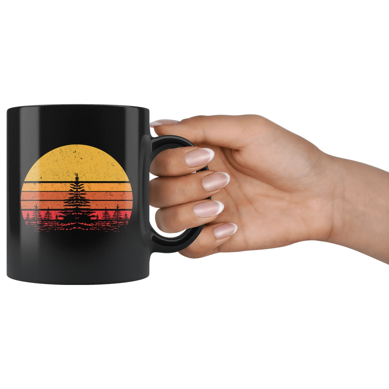 Nature Lover Gifts - Retro Sun Pine Tree Ceramic Black Coffee Mug 11oz - Panvola